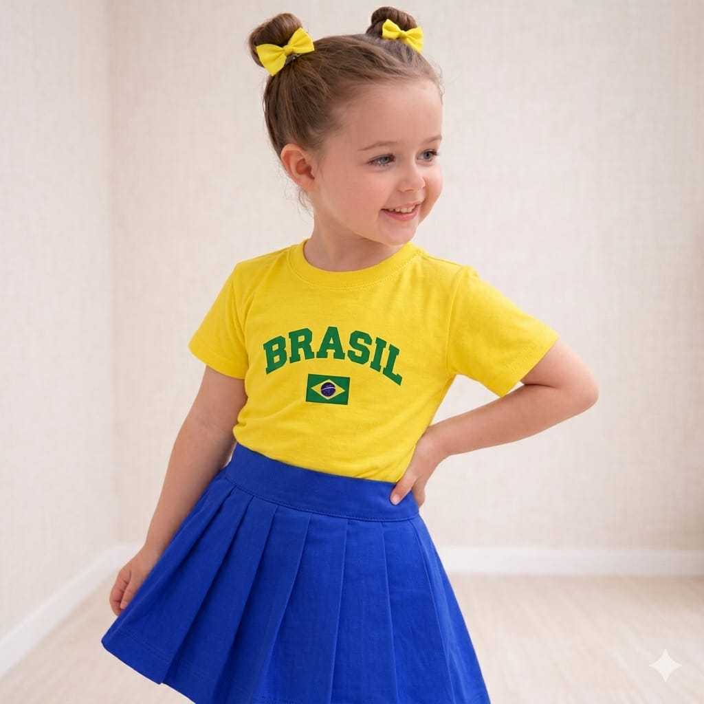 Camiseta Algodão Infantil Estampa Brasil Estrelas 1001 Copa do Mundo Jogos Futebol Torcer Brasileira