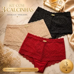Kit 3 Calcinhas Modeladoras Cintura Alta com Renda