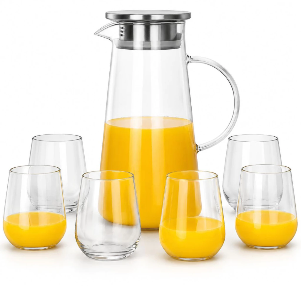Kit Jarra Borossilicato Tampa Inox 1,9l + 6 Copos 450ml Agua Suco chá transparente — imagem 1