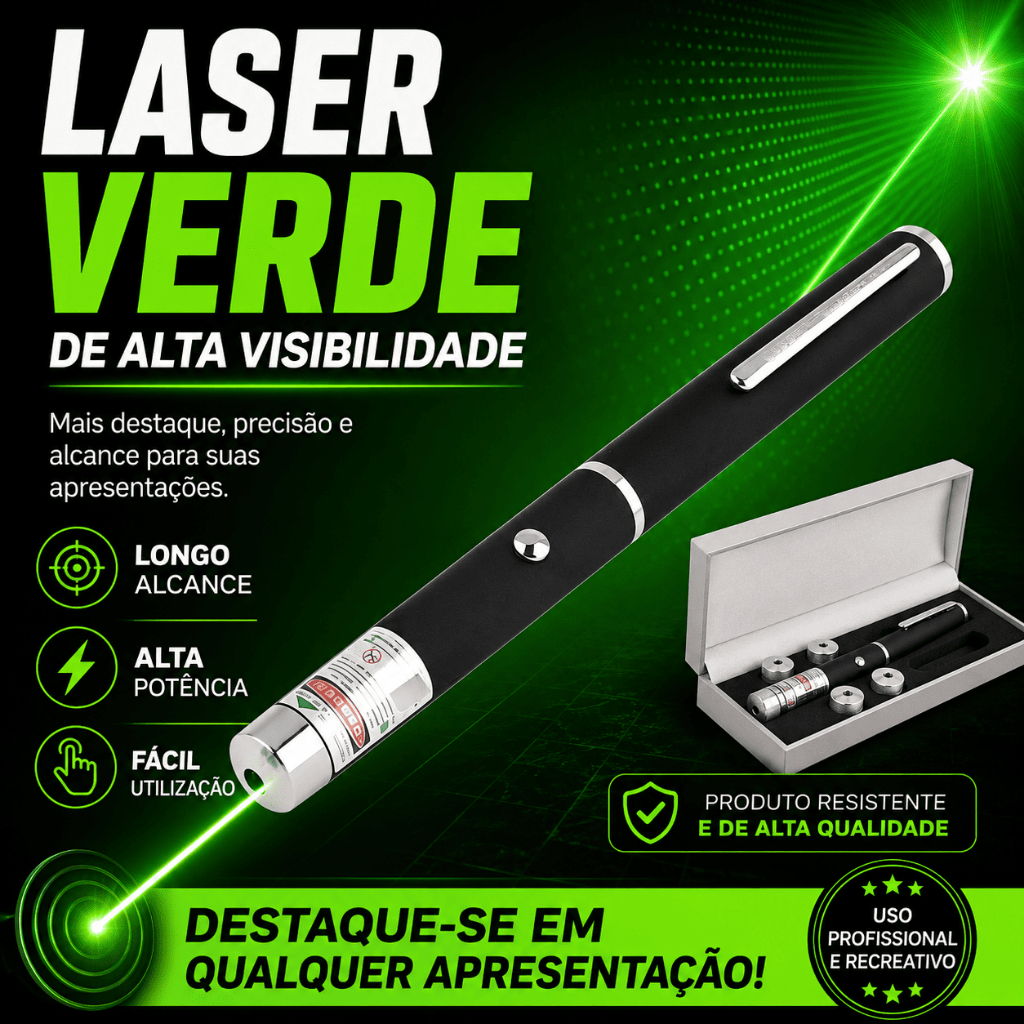 Caneta Laser Verde Recarregável Forte Alcance Longo Alta Potência Para Apresentação e Astronomia
