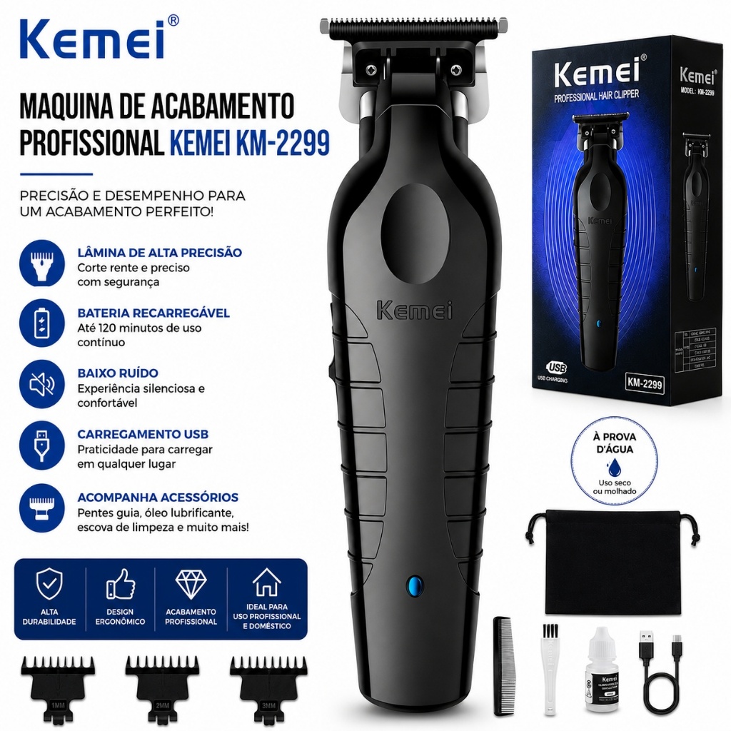 Maquina de Acabamento Profissional Kemei KM-2299 Hair Trimmer Barber Recarregável Sem Fio