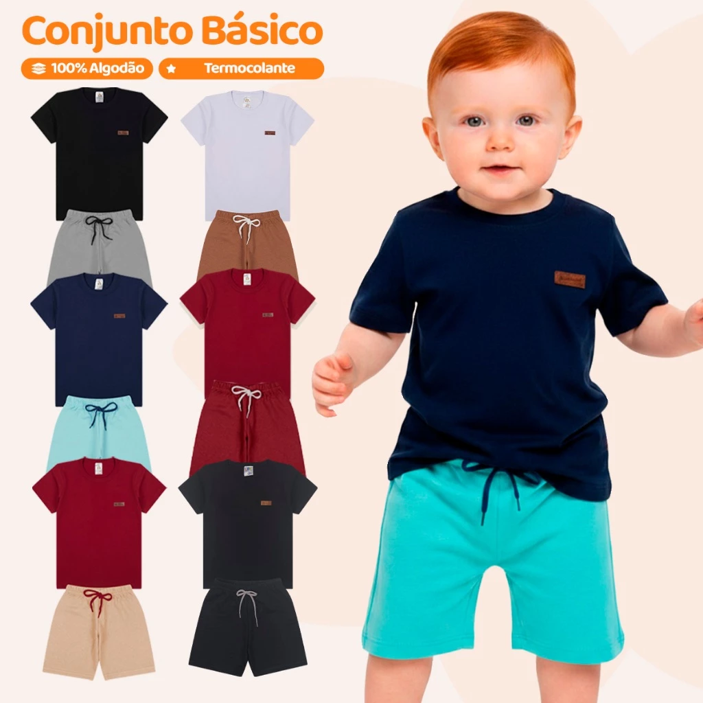 Kit Básico 10 Peças Roupa Bebê Menino - 5 Camisetas Básicas + 5 Bermudas - 5 Conjuntos Lisos Bebê Menino