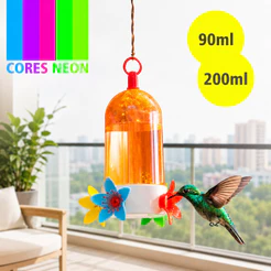 Bebedouro Beija Flor Neon Luxo Colorido para Jardim Varanda Janela Aves Livres 90ml 200ml Pássaros