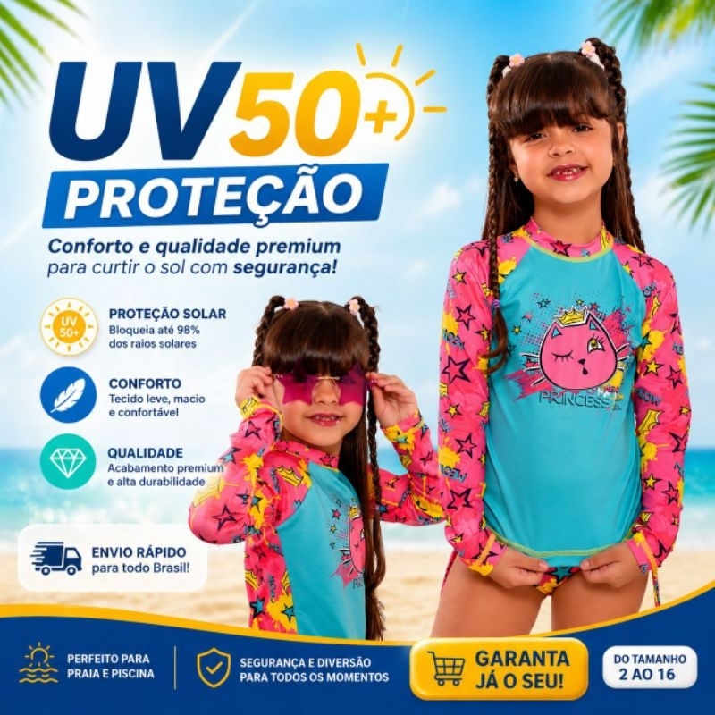 Conjunto Biquini e Blusa Manga Longa Infantil com Proteção Solar UV50+  Roupa de Praia Piscina e Natação