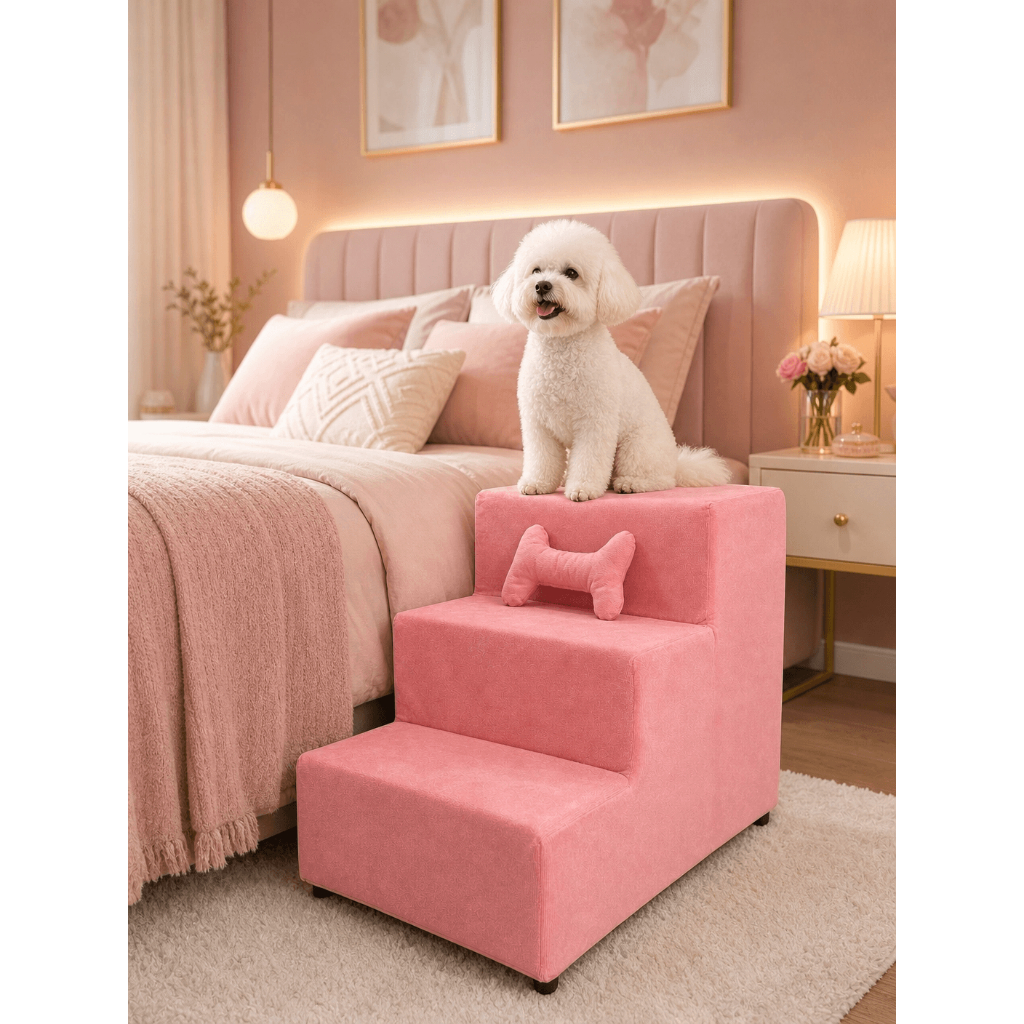 Escada Pet 3 Degraus rosa Cachorro Pequeno Médio Escadinha Para Cama Sofá Pet