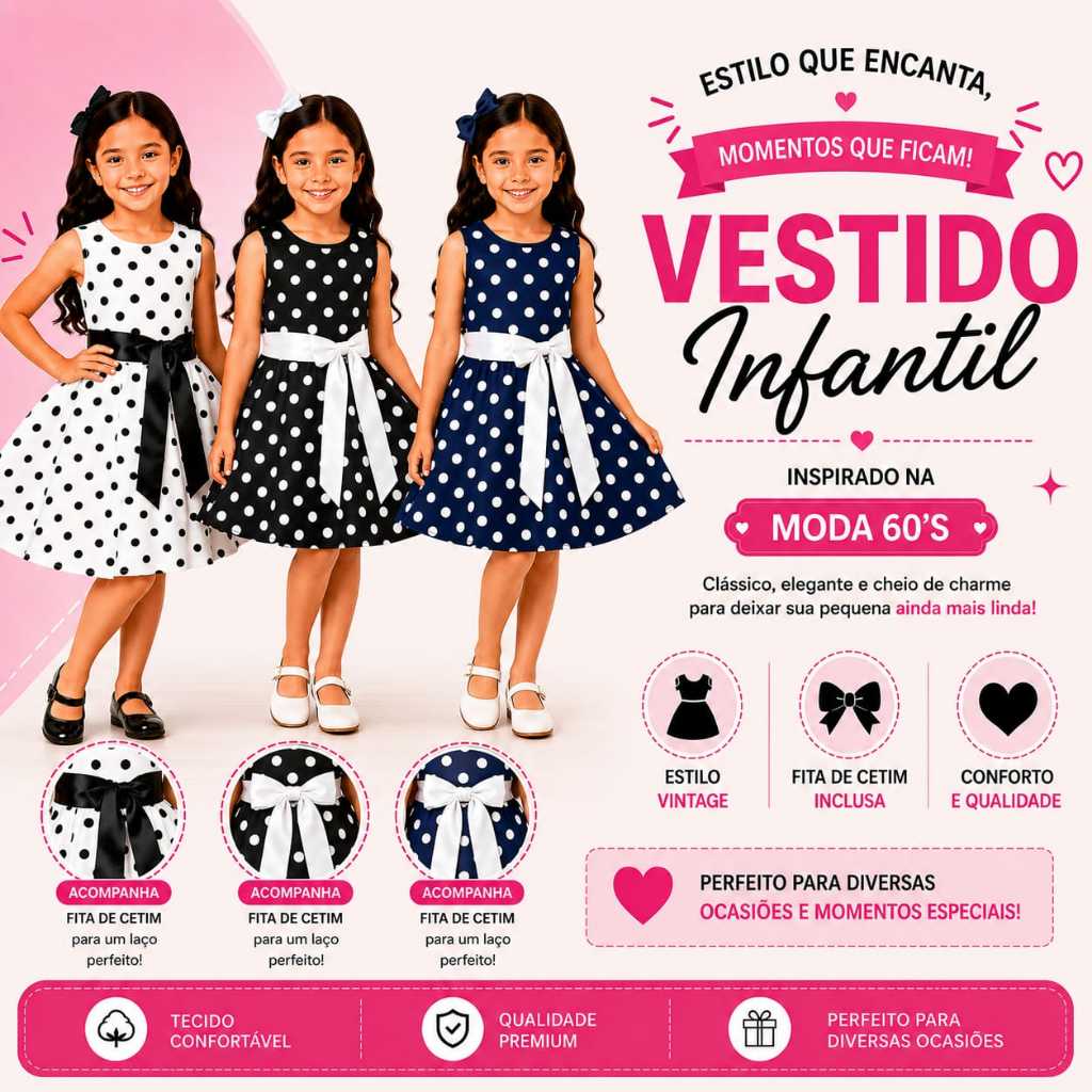 Vestido Infantil Anos 60 70 80 Temática Retrô Poá total Luxuoso Rodado Festa