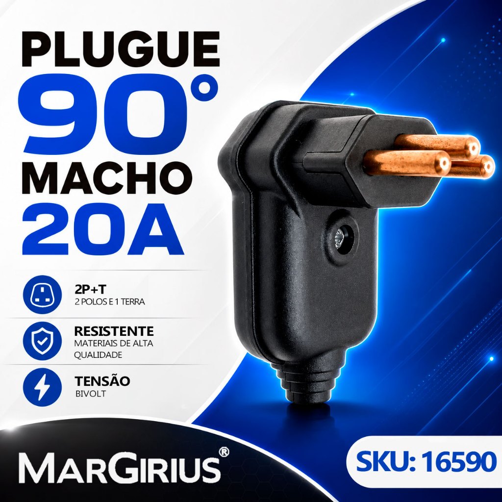 Pino Plugue Tomada Macho 90º 2P+T Maciço 20A Preto Com Prensa cabo MarGirius 16590