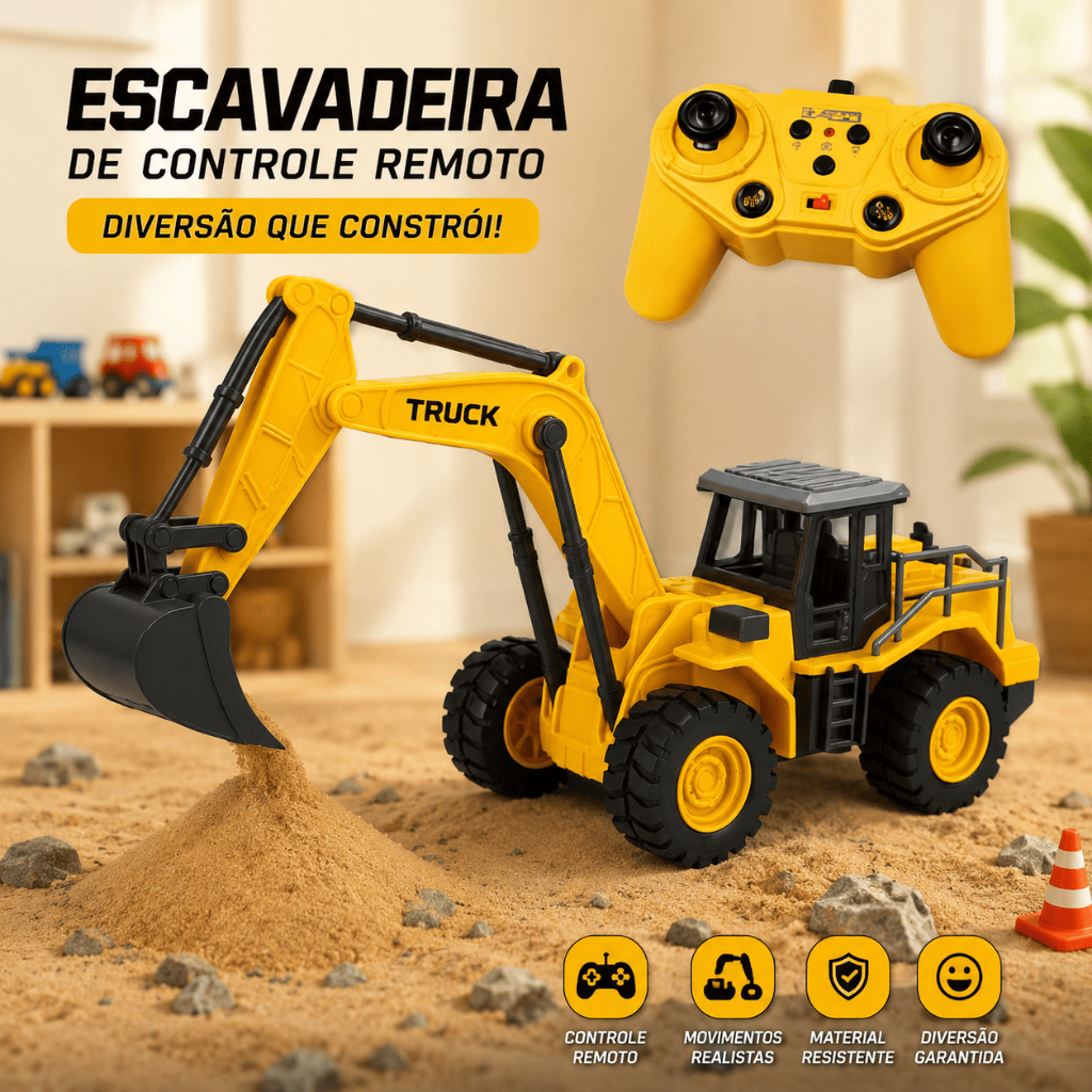 Trator Escavadeira de Controle Remoto 1:16 6 Canais Pneus de Borracha Brinquedo Infantil Diversão