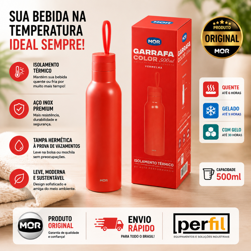 Garrafa Térmica VERMELHA 500ml MOR Garrafa DE ÁGUA INOX garrafa de água academia garrafa squeeze — Oferta Verificada