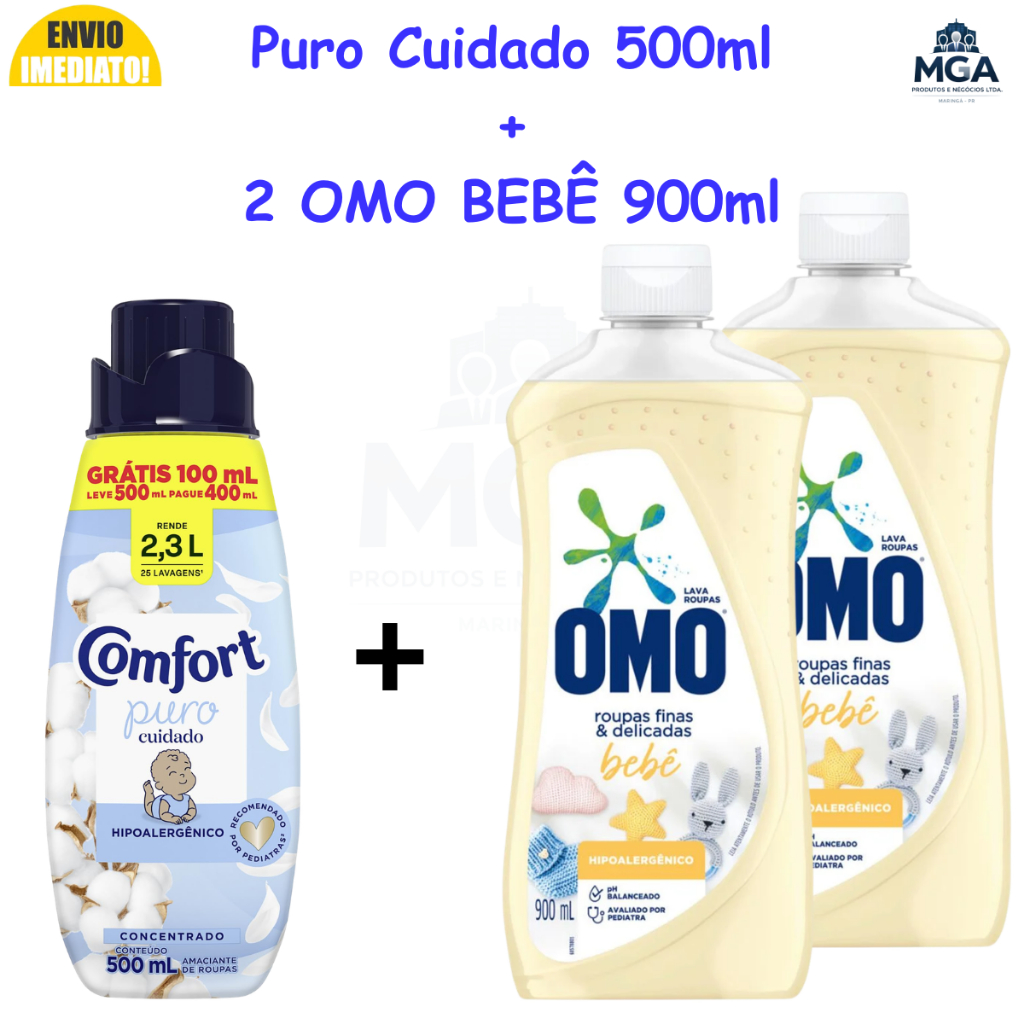 Kit OMO Bebê + Comfort Puro Cuidado 500ml Hipoalergênico Roupas Delicadas