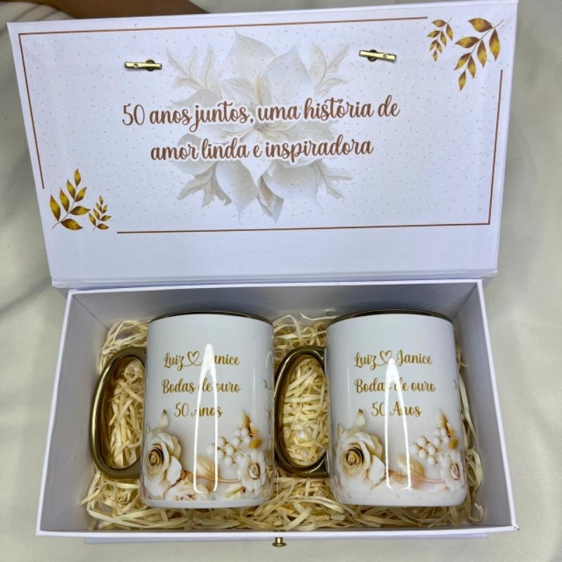 Caneca 325ml personalizada presente bodas de ouro sublimação 50 anos casados com foto caixa personalizada cartonada laço