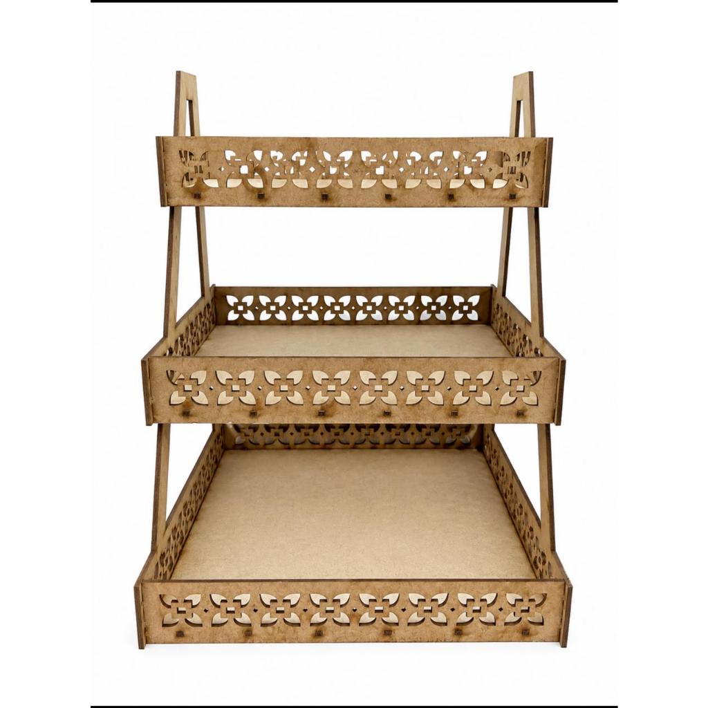 Suporte Escadinha Para Doces 3 Andares Em MDF Bandeja Modelo Vazado Decorativa Festas Mesa De Doces
