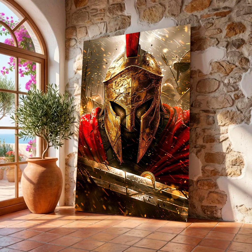 Quadro Decorativo Guerreiro espartano elmo dourado e uma capa vermelha