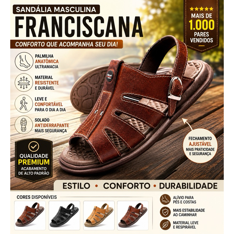Sandália Masculina Franciscana Confortável Couro Sintético Antiderrapante