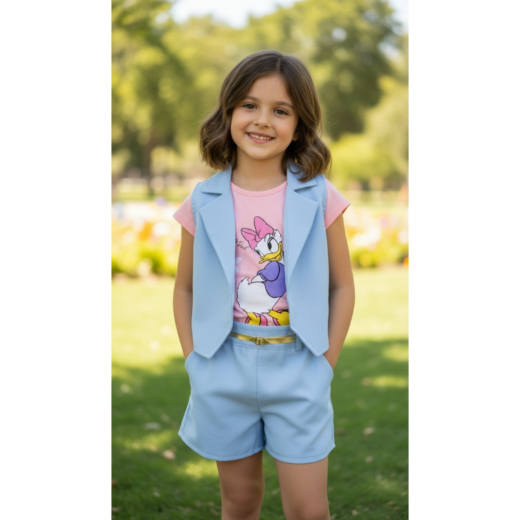 🎀✨ Conjunto Menina (Blusa + Colete + Short + Cinto) Conjunto Infantil Feminino 4 Peças Blusa Colete Short e Cinto Menina