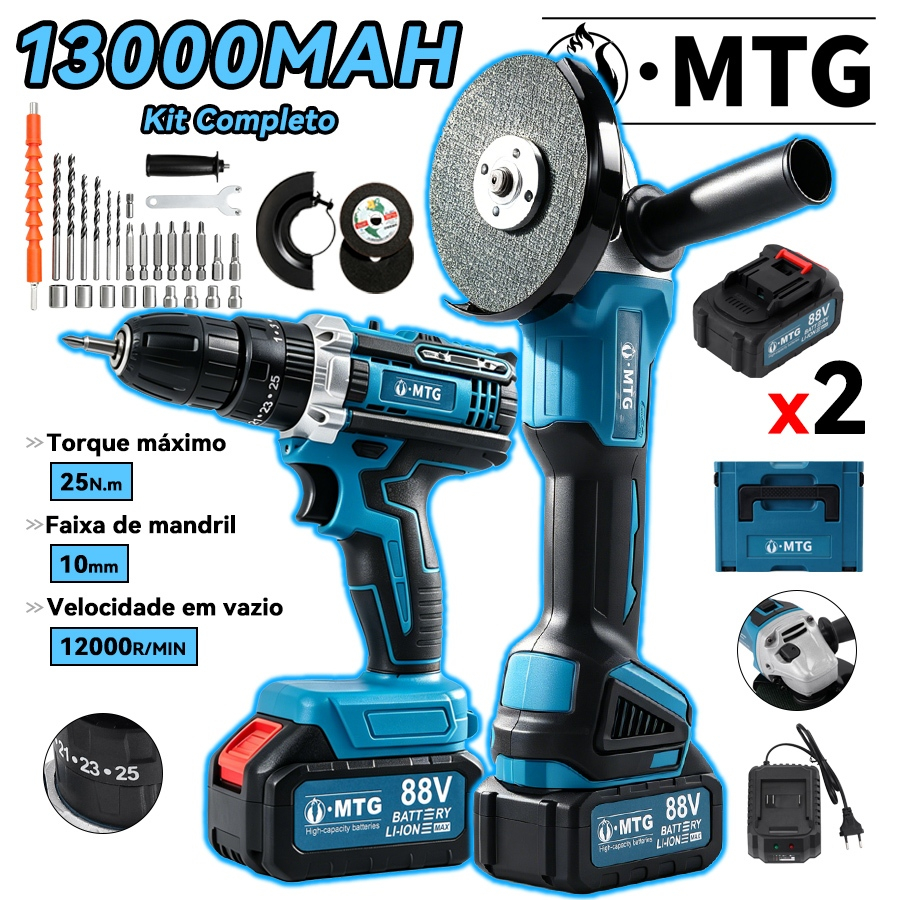 Furadeira de Impacto e Esmerilhadeira Kit Combo com 2 Baterias Multifunção com Alta Rotação