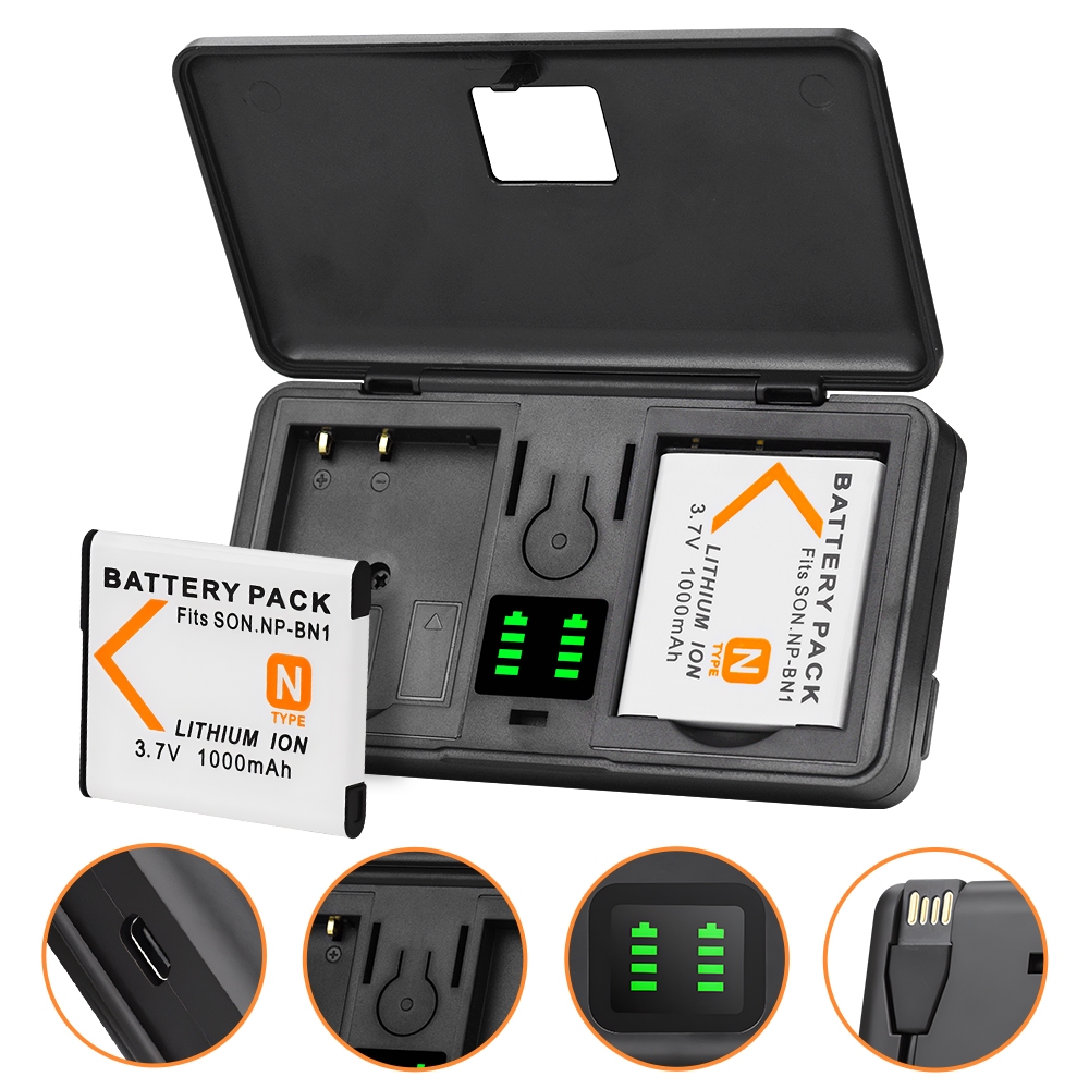 Carregador De Câmera Np-bn1 3.7V 1000mAh 2 Bateria Para Sony W510 W530 W570 W610 WX80 QX100 TF1 T110