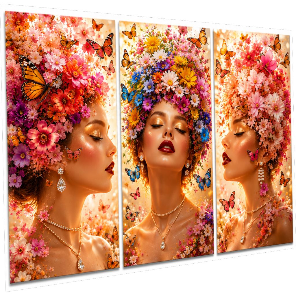 Kit De Quadros Decorativos 3 Peças Salão De Beleza Mulheres Maquiagem Flores Borboletas Importado