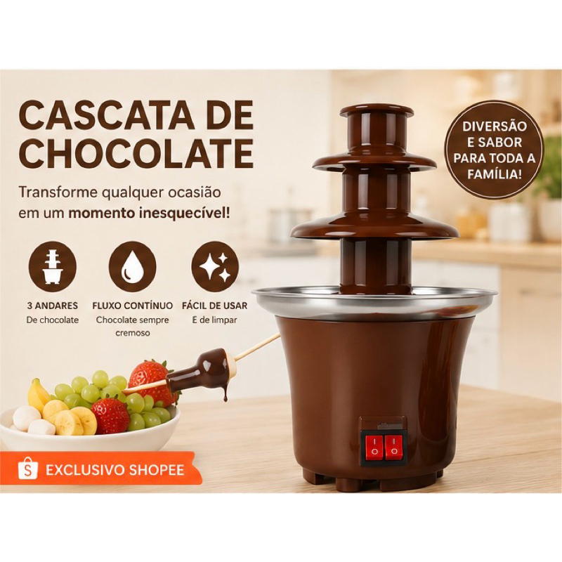 Mini Cascata de Chocolate Elétrica 3 Andares 110V | Fondue Quente para Festas e Sobremesas