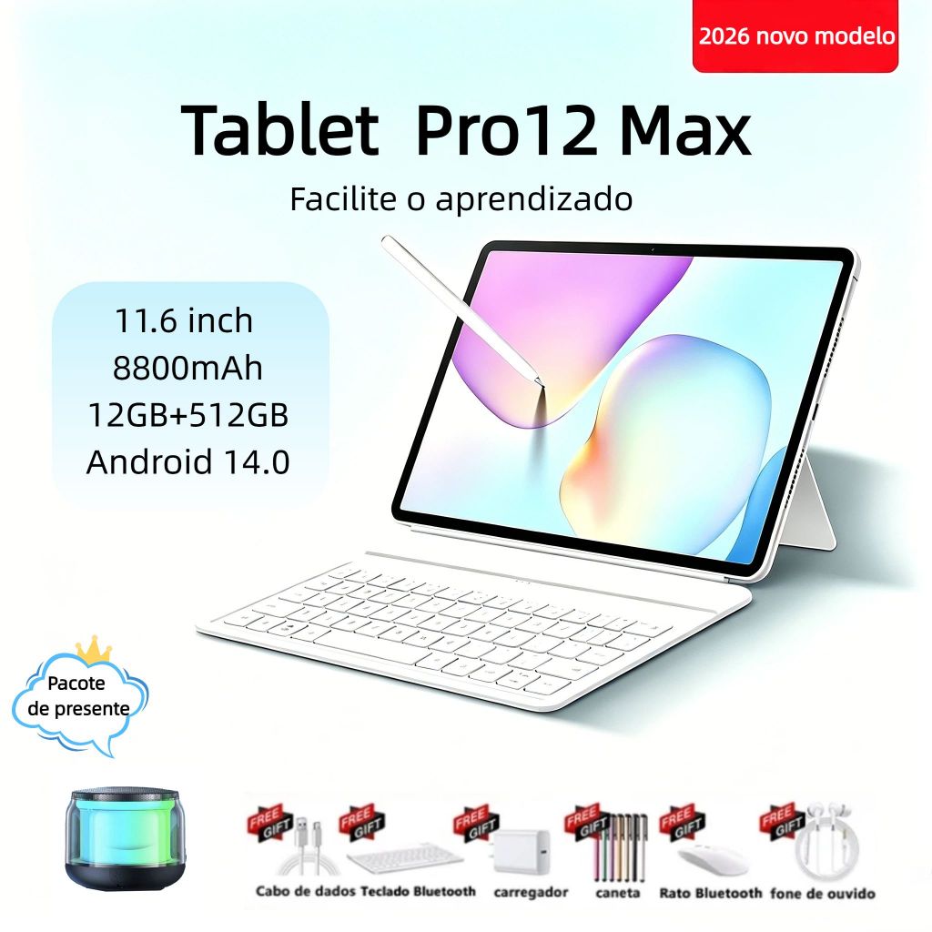 [Alto-falante, teclado e mouse grátis] Tablet Pro 12 Max 16GB+1024GB 11,6-inch HD Dual SIM 5G Wi-Fi 10000 mAh Android