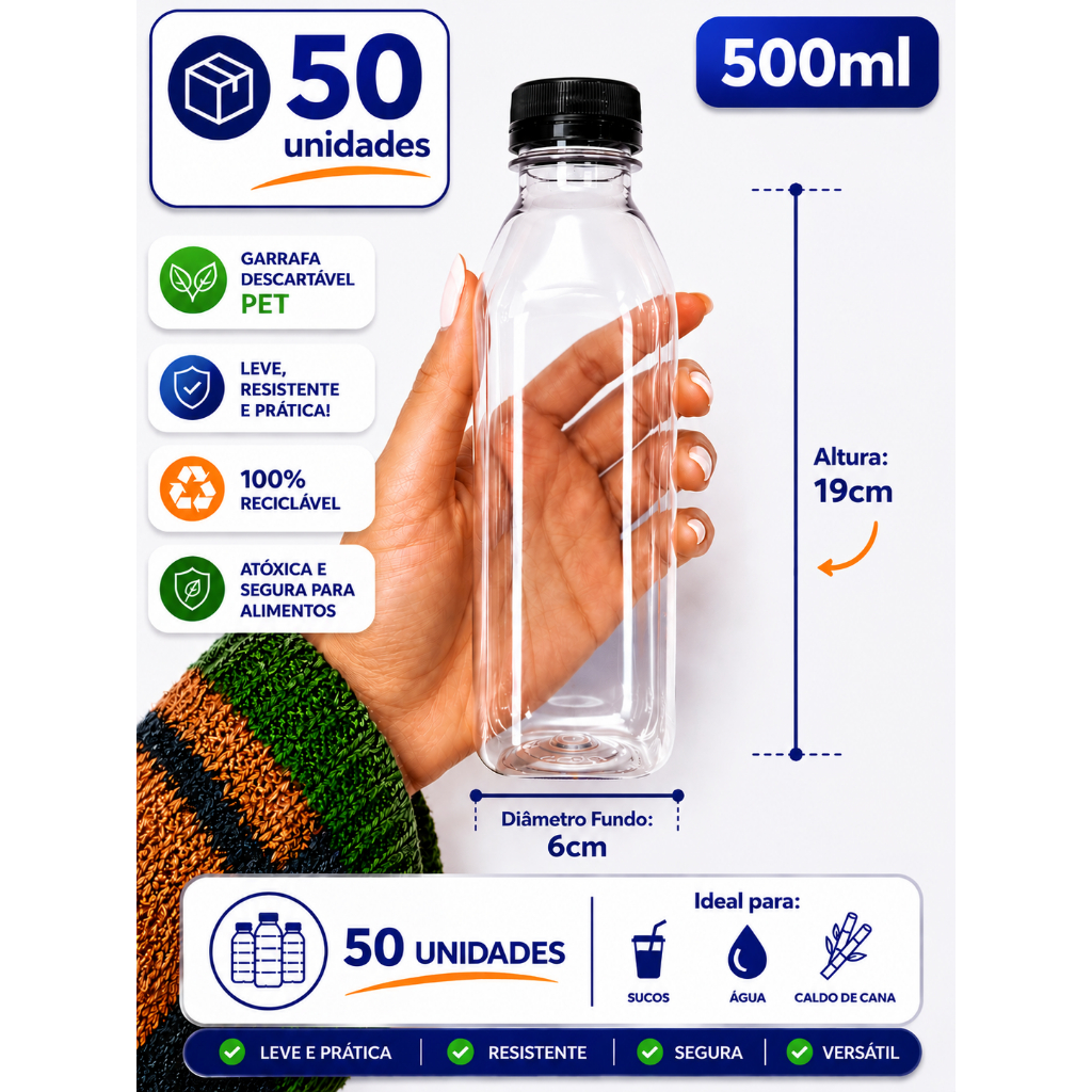 50un Garrafa Plástica 500ml Descartável Transparente Delivery Suco Caldo de Cana Chocolate Quente
