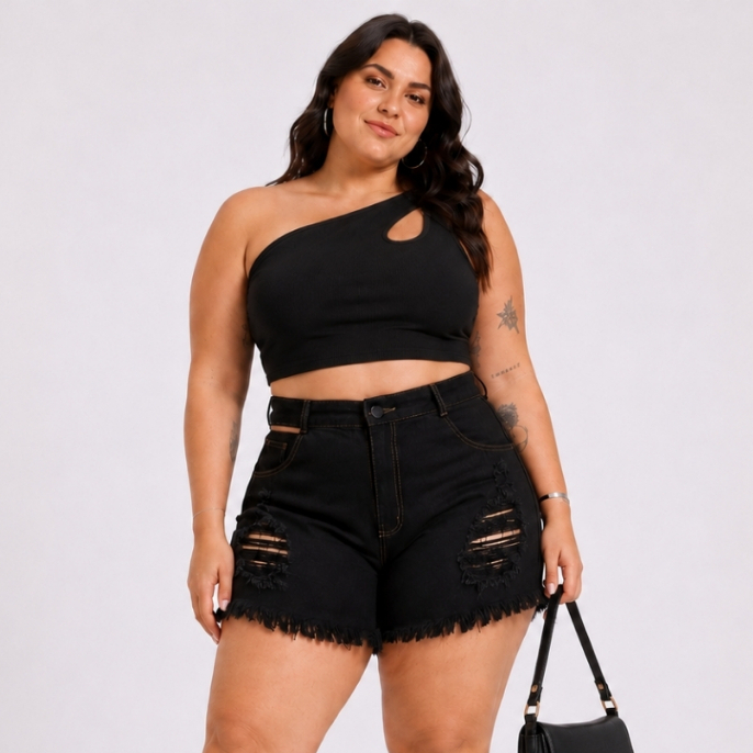 Short Jeans Plus Size Vazado Destroyed Cintura Alta Estiloso