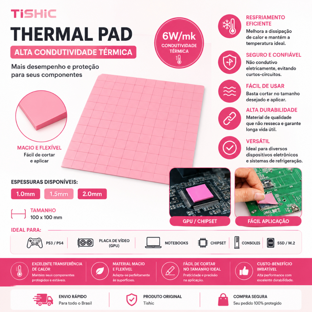 Thermal Pad Tishic 1.0mm 1.5mm 2.0mm 6W/mk Ps3 Ps4, Gpu, Notebooks Chipset