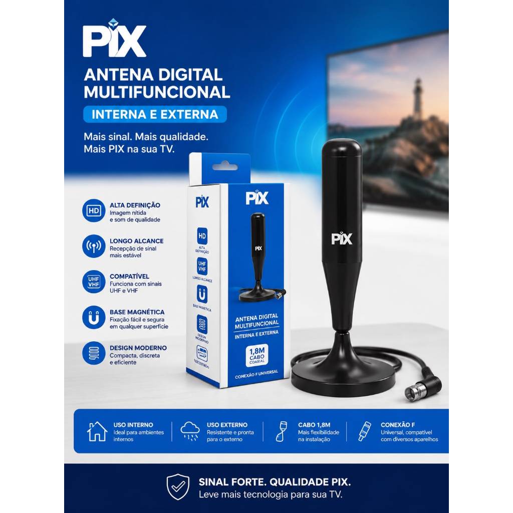 Antena Digital PIX Interna e Externa HD UHF VHF Cabo 1,8m Base Magnética Sinal Forte para TV Digital