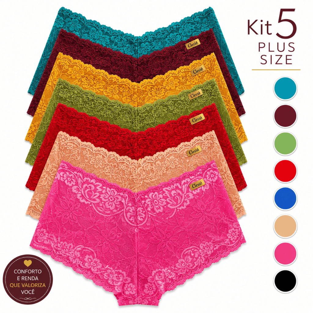 Kit 5 Calcinhas Short PLUS SIZE Calesson de Renda Lingerie Caleçon Rendada Espera Marido Com Forro