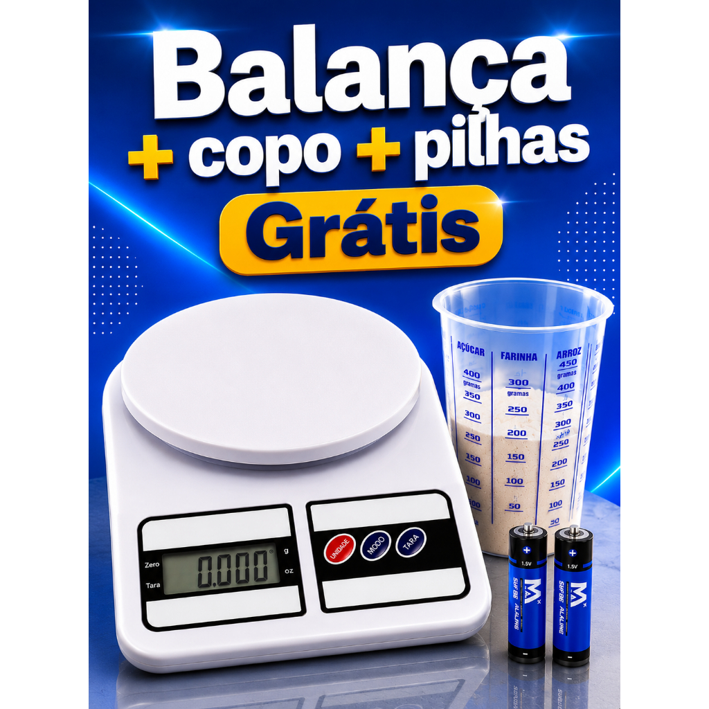 Kit Balança Digital 10Kg Com Copo Medidor Graduado E 2 Pilhas AAA Grátis Para Receitas Precisas
