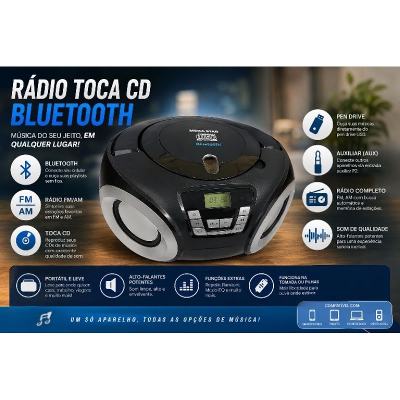Rádio toca Cd+FM+Bluetooth+pen-drive