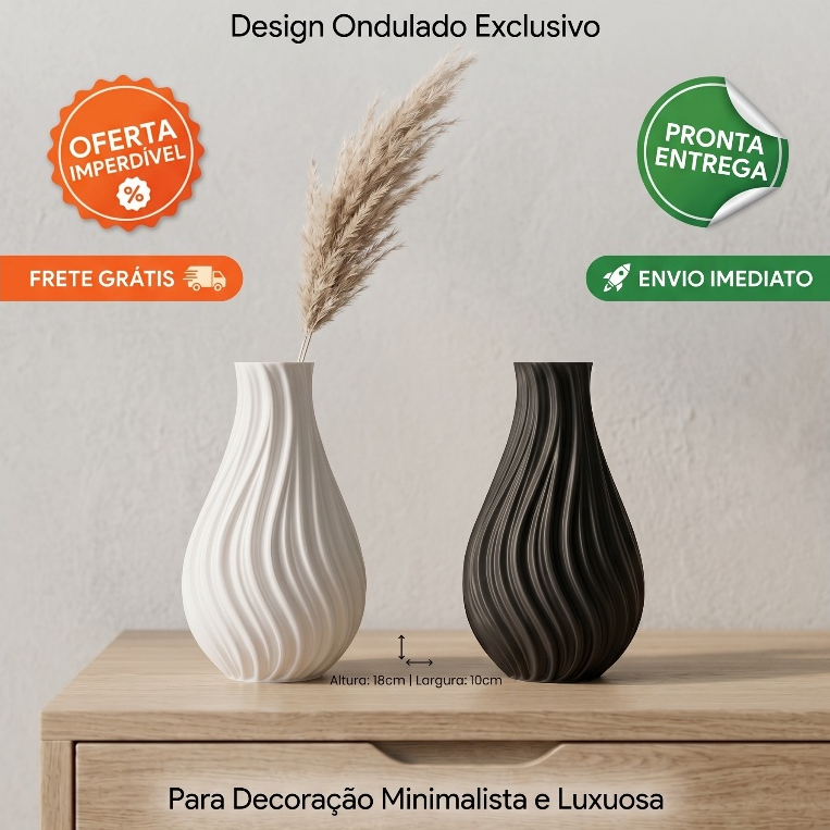 Vaso Decorativo Minimalista Ondulado Premium 18cm Sala Mesa Quarto Escritório Branco Preto