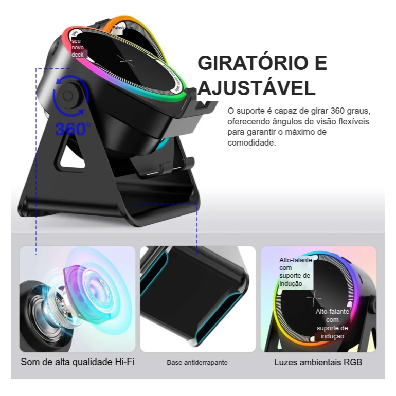 Caixa De Som Com indução E Sem Fio Bluetooth Luz LED RGB Suporte Para Celular E Tablet Prático Para Casa E Sala — imagem 2 de 2