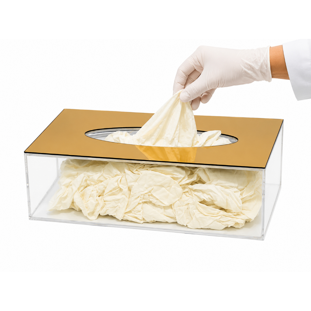 Caixa Luvas Lenços Papel Interfolhas Acrilico Transparente Detalhe Acrilico Dourado Esoetacular