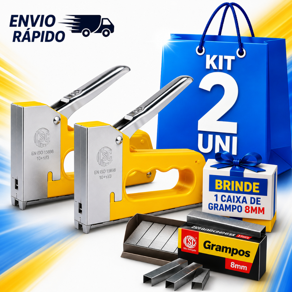 Grampeador Tapeceiro Profissional Kit 2 + Caixa de Grampos Brinde Manual Estofador Madeira Tela Tecido sofá carpete