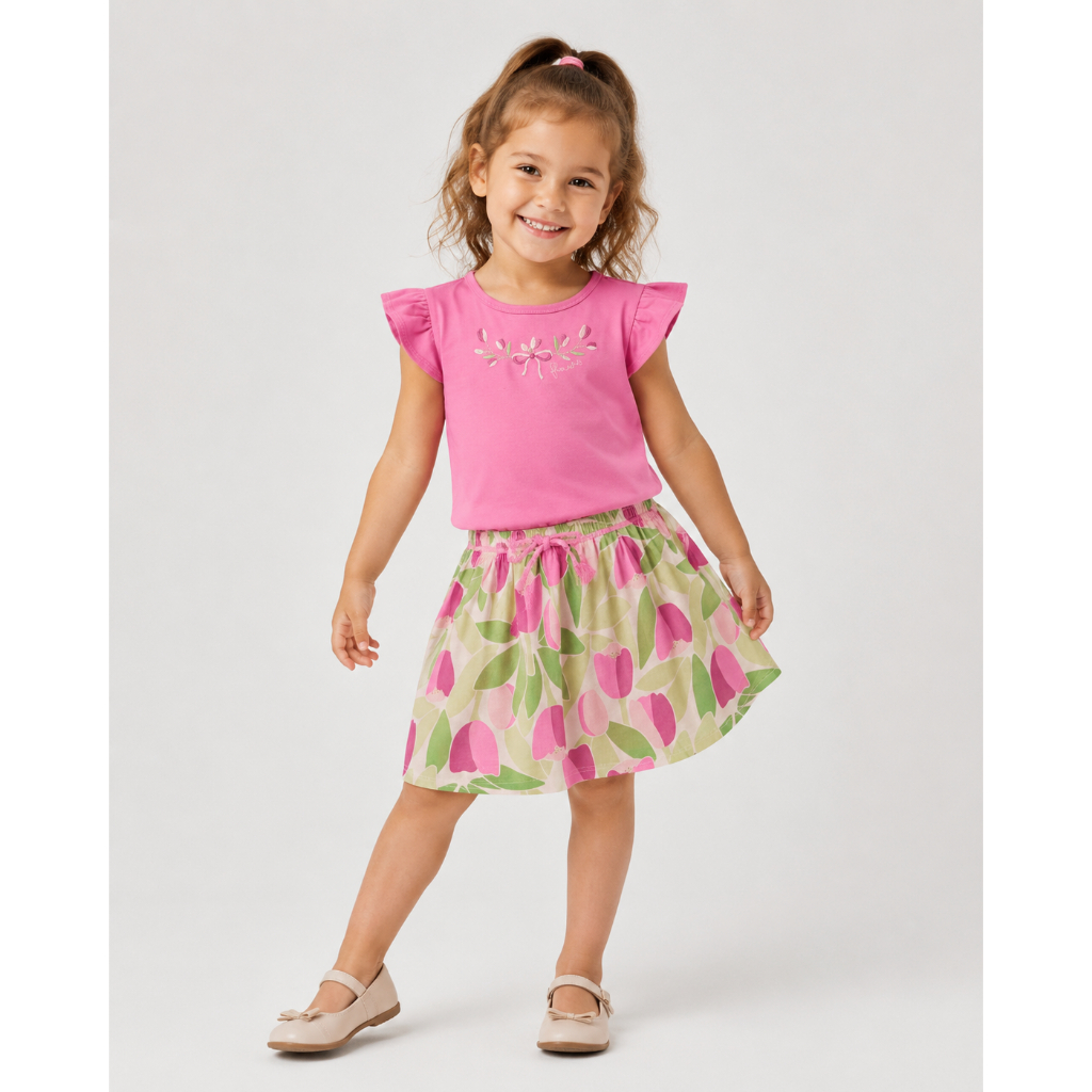Conjunto Infantil Feminino Brandili Camiseta e Shorts Saia Tamanho 3