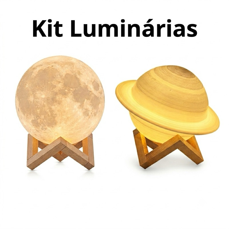 Luminária Lua e Saturno 3D Abajur Planetário LED Recarregável Decoração Quarto Presente