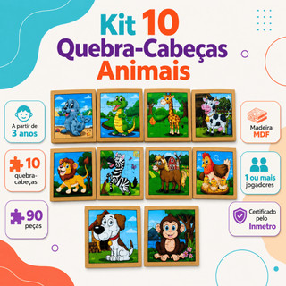 Kit 10 Jogos Quebra Cabeça Infantil Animais Safari Fazenda Madeira MDF 9 Peças Grandes Educativo