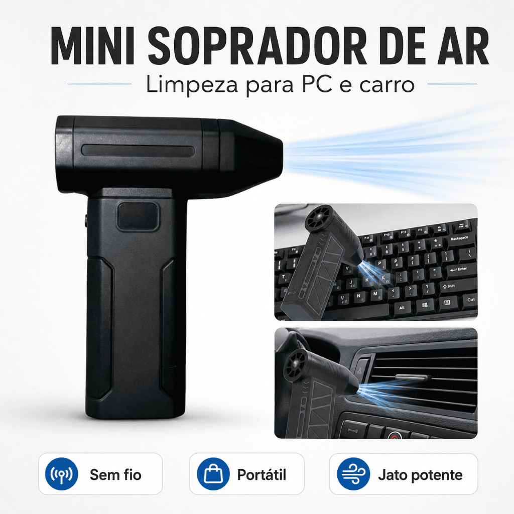 🖥️Soprador de Ar Portátil com Função Aspiradora, Sem Fio para Limpar Teclado, Interior de Carro e Cantos