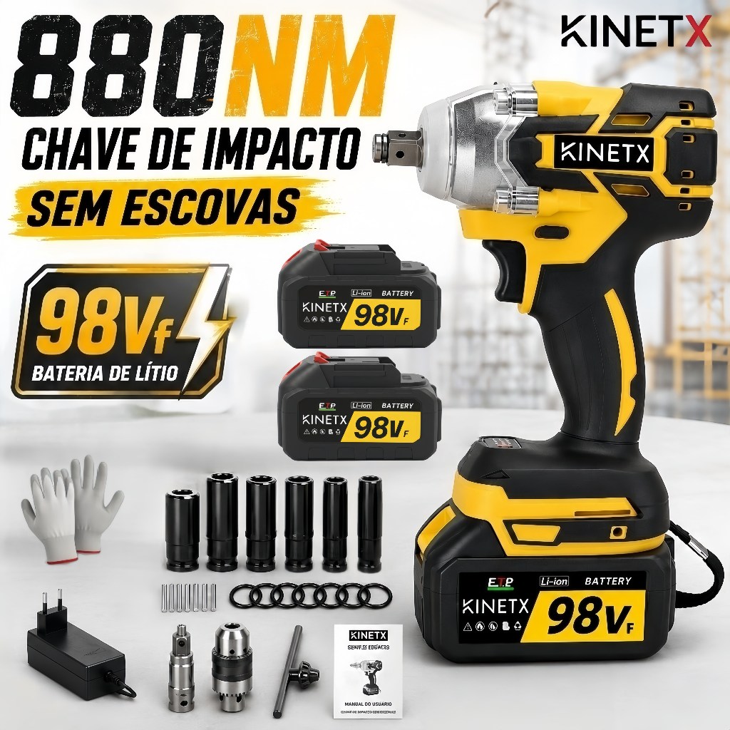 880Nm KINETX 98Vf/68Vf Motor Brushless Chave de Impacto e Parafusadeira 2 em 1 Sem Fio Profissional com 2 Baterias