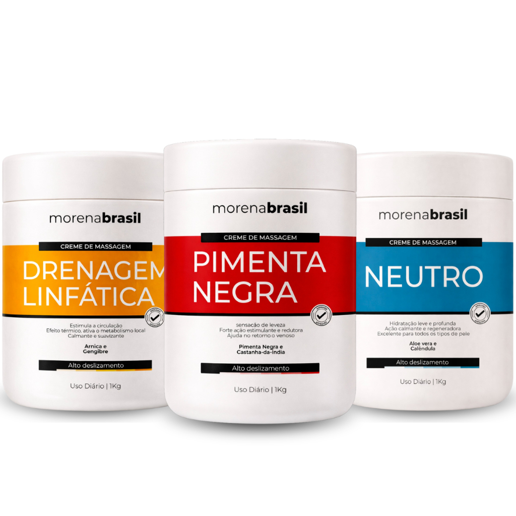Kit 3x Creme de Massagem Profissional - Drenagem Linfática + Neutro + Pimenta Negra