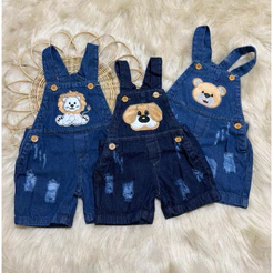 jardineira macacão jeans short infantil masculino para menino