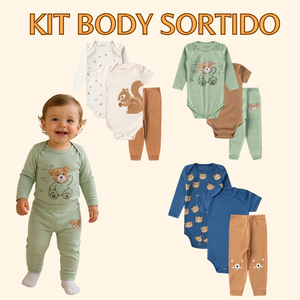KIT 6 BODY 3 CALÇA SORTIDO MENINO 9 PEÇAS DE ROUPA PARA BEBE
