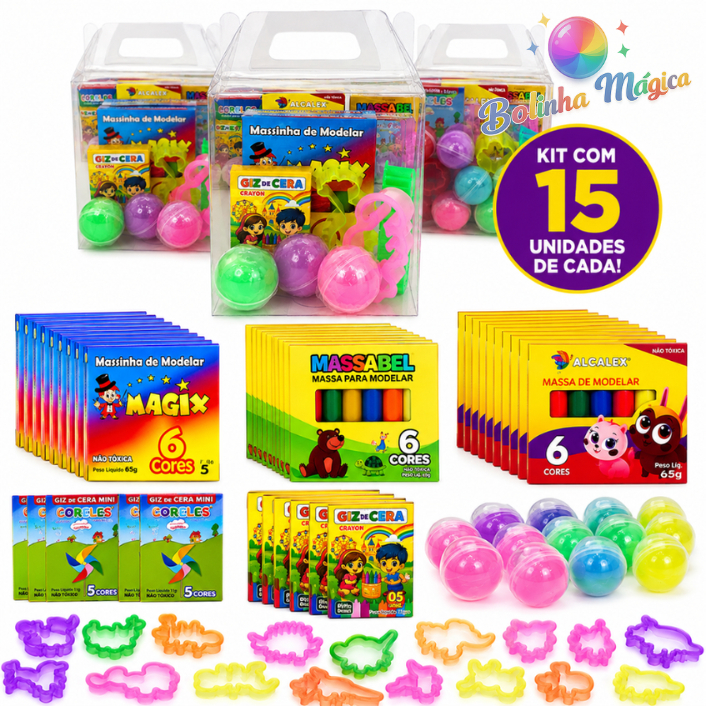 kit 15 Maletinha Transparente + 15 ( Cx Massinha Modelar + Slime + Giz Cera + Co