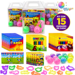 kit 15 Maletinha Transparente + Massinha Modelar + Giz Cera + 45 (Cortador + Gel Slime) Lembracinha