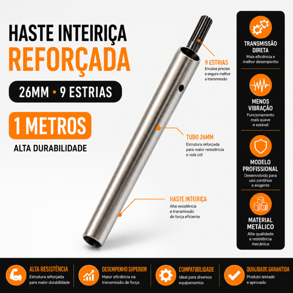 Tubo Haste Completo 26mm 9 Estrias Para Roçadeira Inteiriço Reforçado Com Eixo Cardan 1 Metro