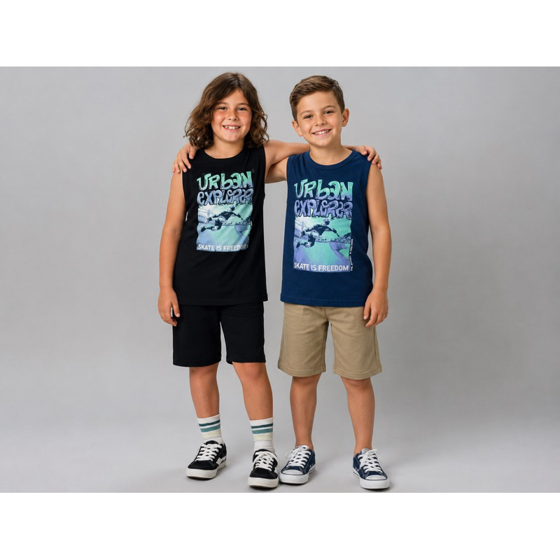 Conjunto brandili roupa infantil de menino 4 ao 16 blusa regata e bermuda em malha