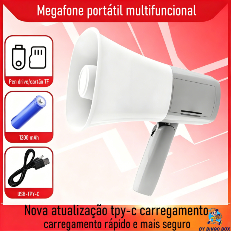 Megafone Portátil Profissional Gravador Definicao Sirene para gravação compatível com pen drive USB/cartão de memória TF