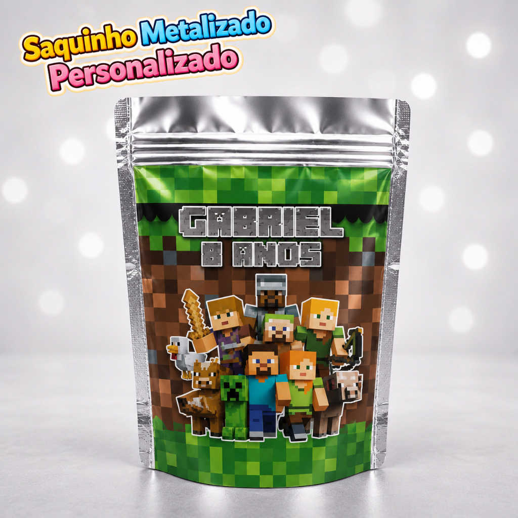 Saquinho Metalizado Ziplock Minecraft  Personalizado /Lembrancinha de Festa /Aniversário