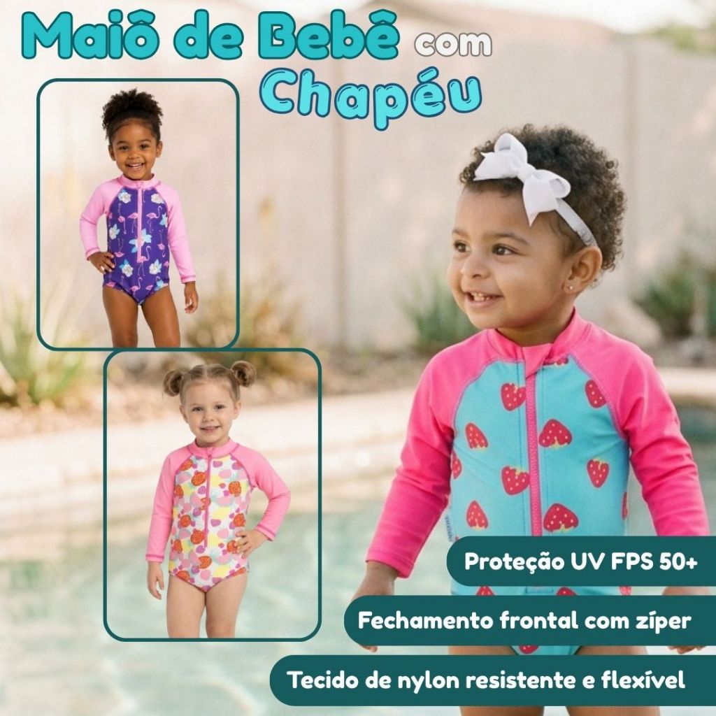 Maiô Bebê Menina Manga Longa Nylon Praia Piscina Natação proteção UV50+ Com Chapéu Pulpo By Acqua Di Mare
